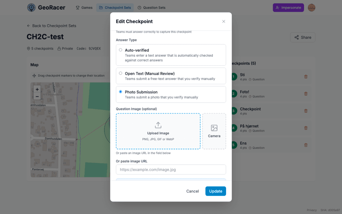 Edit Checkpoint dialog showing the Answer Type options: Auto-verified, Open Text, and Photo Submission, with Photo Submission selected revealing an image upload field.