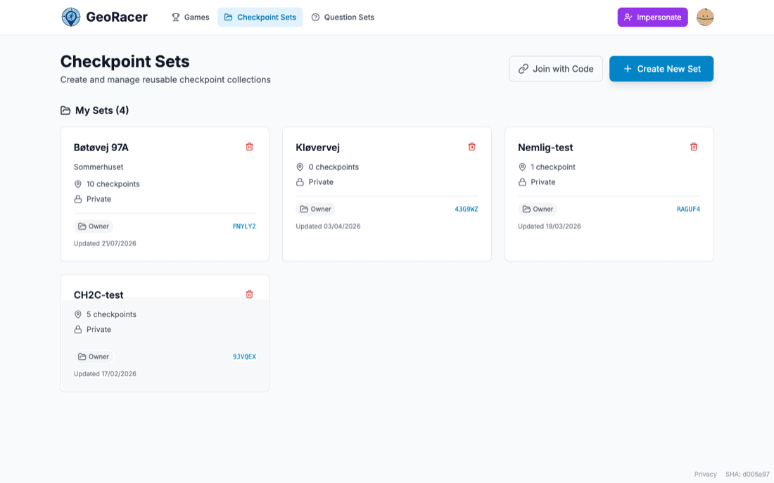 Checkpoint Sets list page showing several checkpoint sets, each private and owned, with checkpoint counts.
