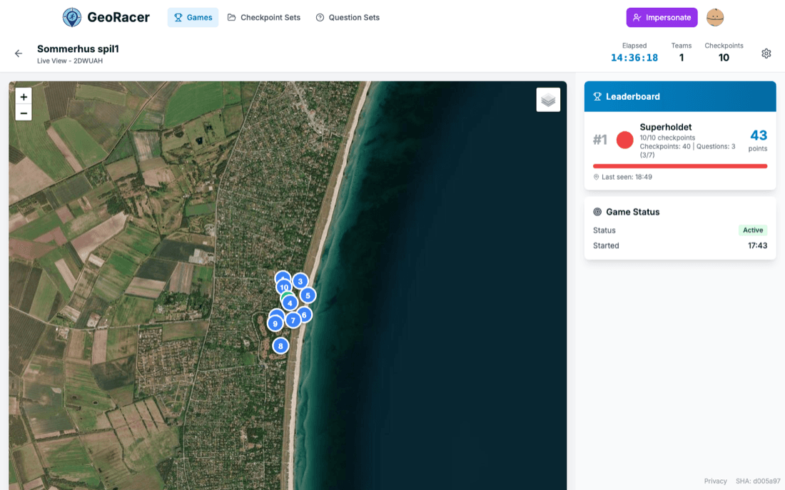 Live View map showing a satellite map with numbered checkpoint pins, elapsed time, a leaderboard, and game status Active.