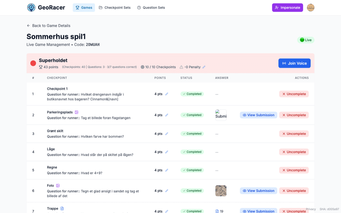 Live Game Management page showing points, checkpoints completed, a Join Voice button, and a checkpoint table with statuses and action buttons.