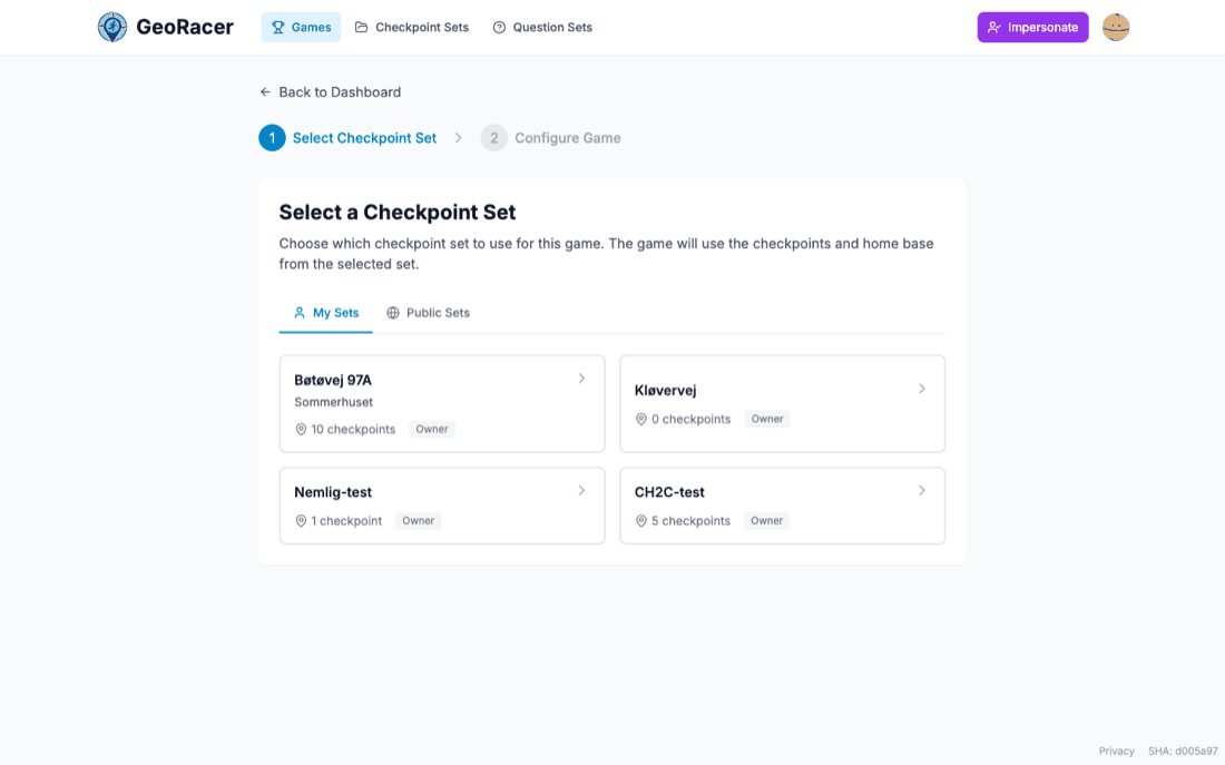 Select a Checkpoint Set step of the new game wizard, showing the manager’s own checkpoint sets as selectable cards.