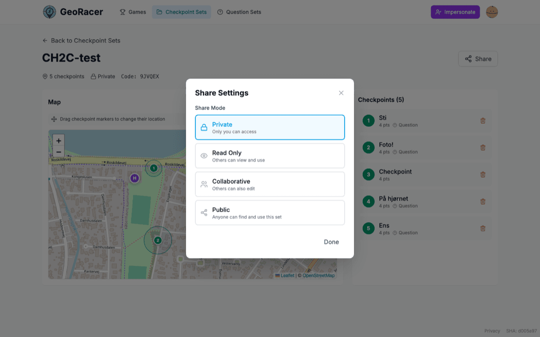 Share Settings dialog for a checkpoint set showing four share mode options: Private, Read Only, Collaborative, and Public.