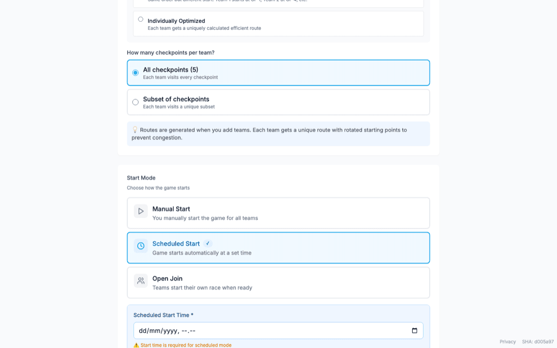 Start Mode options showing Manual Start, Scheduled Start with a datetime field, and Open Join.