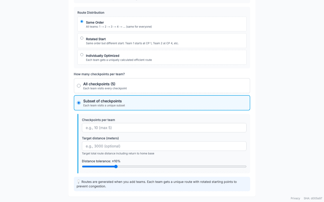 Subset of checkpoints selected, revealing Checkpoints per team, Target distance in meters, and a Distance tolerance slider.