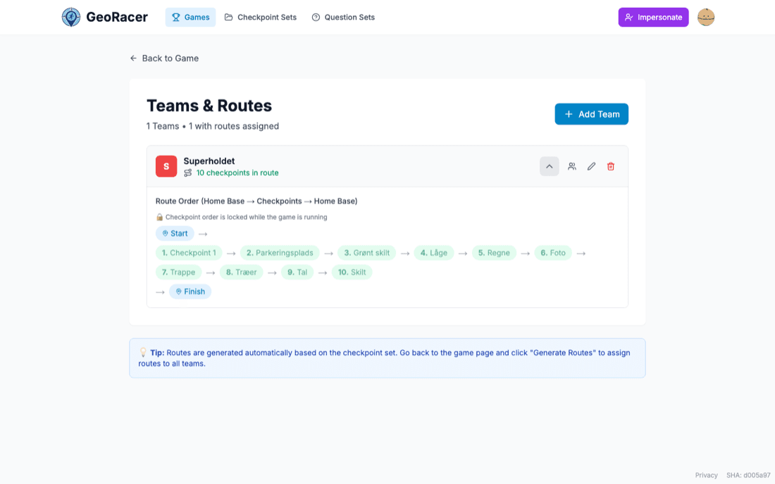 Teams and Routes page with a team row expanded, showing its full route from Start through numbered checkpoints to Finish, with a note that checkpoint order is locked while the game is running.