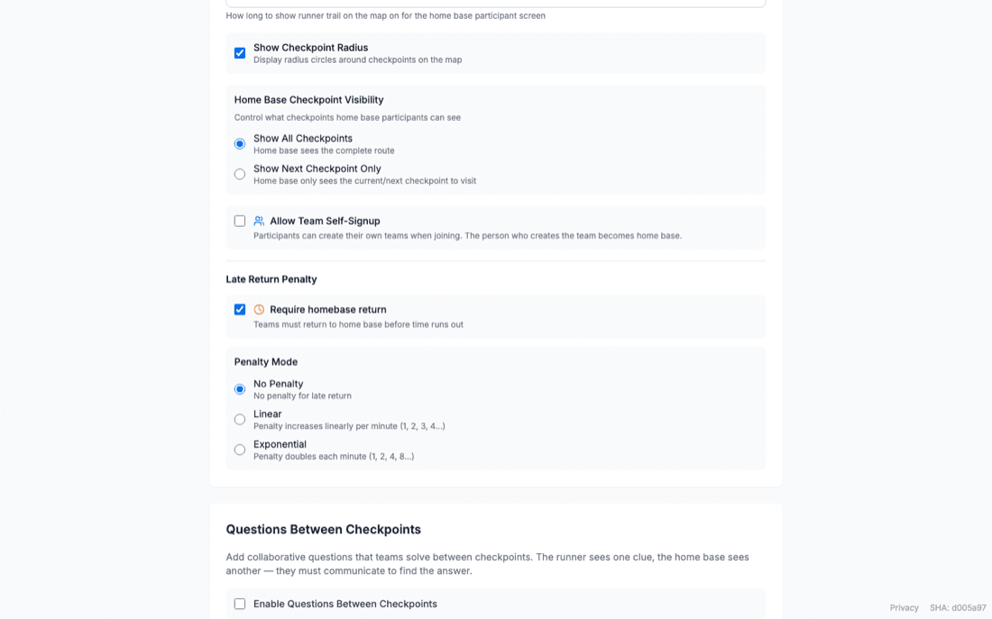 Home Base Checkpoint Visibility options, Allow Team Self-Signup checkbox, and Late Return Penalty section with a penalty mode picker.